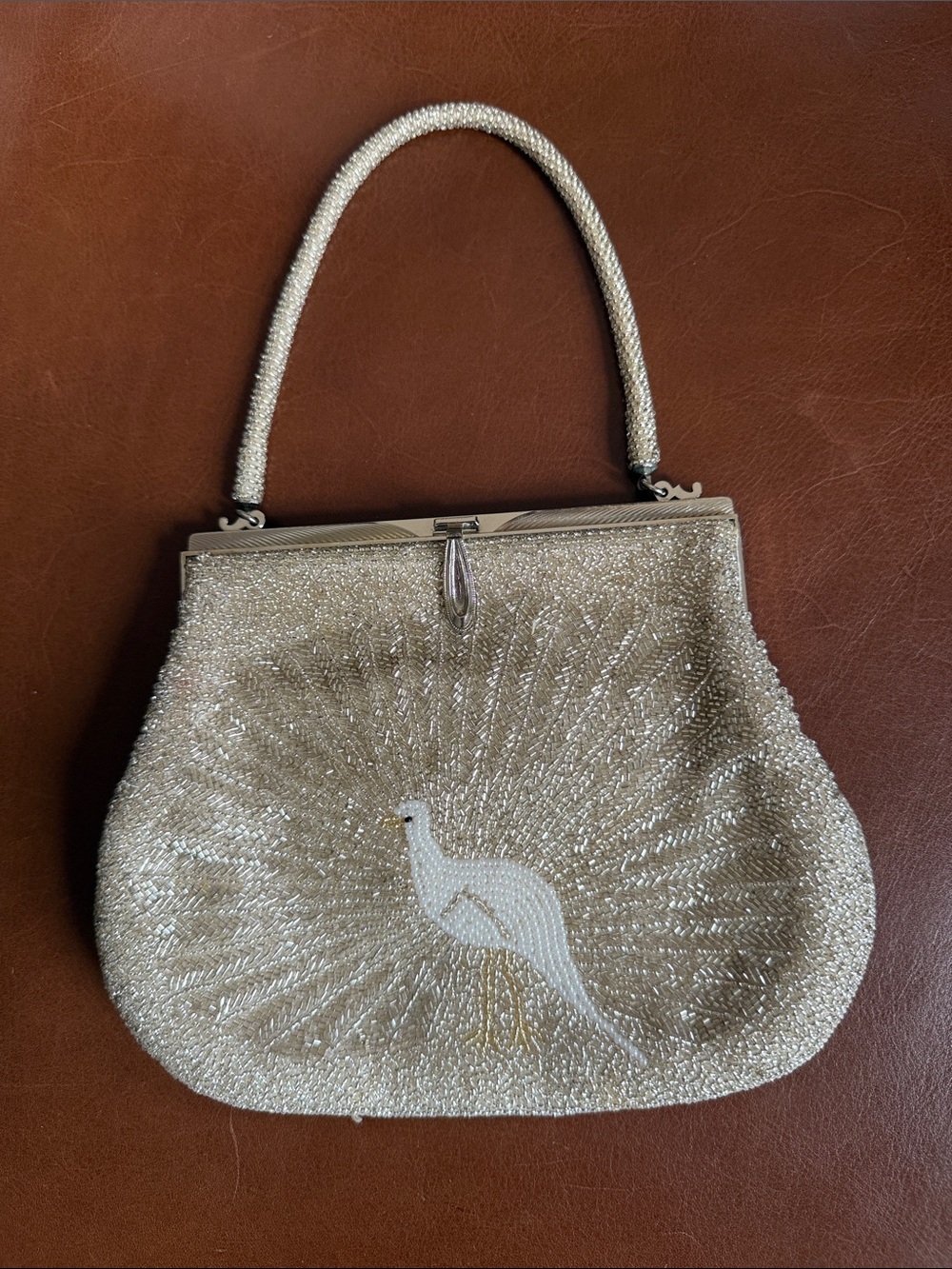 1960s Vintage Embellished Cream Beaded Evening Handbag with Bird Motif